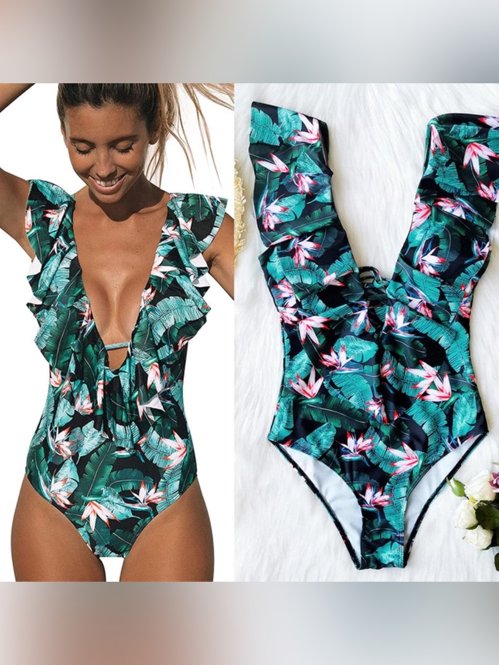 Ruffled Tropical Leaf One-Piece Swimsuit - Black & Green